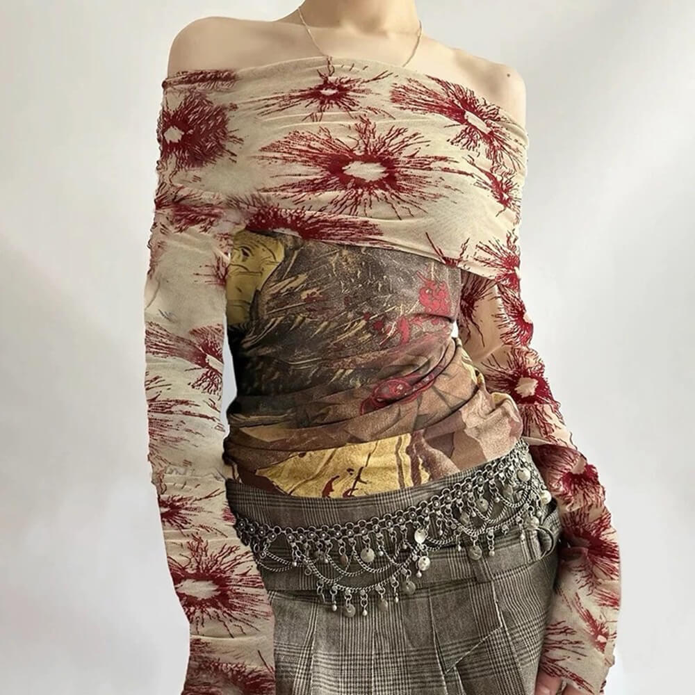 Cute Everyday Outfits, Outfit Inspo Casual Sun Print Mesh Off-Shoulder Top Cute Everyday Outfits, Outfit Inspo Casual Sun Print Mesh Off-Shoulder Top