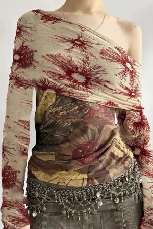 Cute Everyday Outfits, Outfit Inspo Casual Sun Print Mesh Off-Shoulder Top