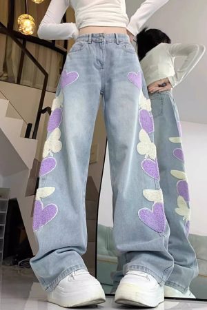 Cute Everyday Outfits, Outfit Inspo Casual Sweet Attitude Heart Patch Wide-Leg Jeans
