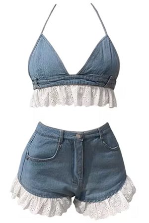 Cute Everyday Outfits, Outfit Inspo Casual Sweet Ruffle Top & Denim Shorts Co-Ord
