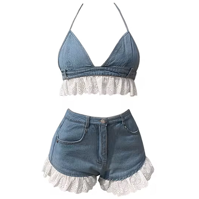 Cute Everyday Outfits, Outfit Inspo Casual Sweet Ruffle Top & Denim Shorts Co-Ord