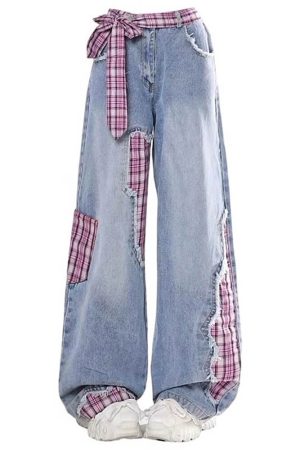 Cute Everyday Outfits, Outfit Inspo Casual Teen Spirit Plaid Patchwork Jeans