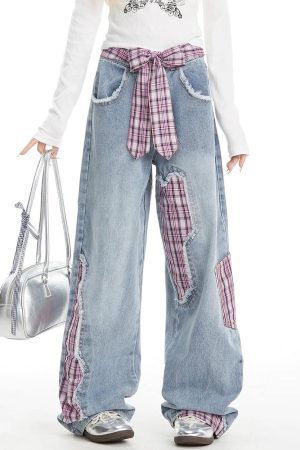 Cute Everyday Outfits, Outfit Inspo Casual Teen Spirit Plaid Patchwork Jeans