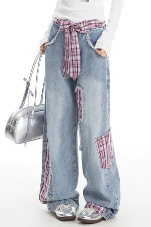 Cute Everyday Outfits, Outfit Inspo Casual Teen Spirit Plaid Patchwork Jeans