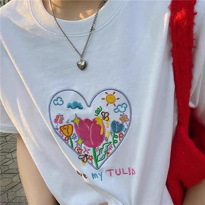 Cute Everyday Outfits, Outfit Inspo Casual Tulip Embroidery Aesthetic T-Shirt Cute Everyday Outfits, Outfit Inspo Casual Tulip Embroidery Aesthetic T-Shirt