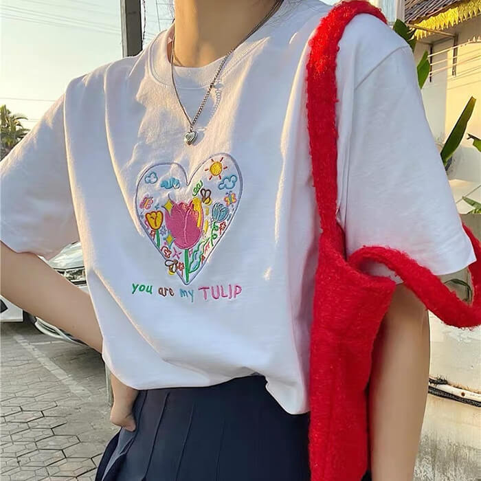 Cute Everyday Outfits, Outfit Inspo Casual Tulip Embroidery Aesthetic T-Shirt Cute Everyday Outfits, Outfit Inspo Casual Tulip Embroidery Aesthetic T-Shirt