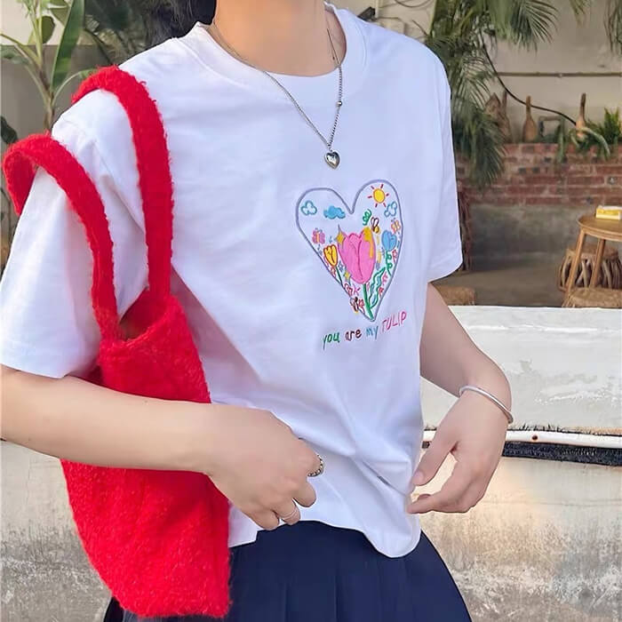 Cute Everyday Outfits, Outfit Inspo Casual Tulip Embroidery Aesthetic T-Shirt Cute Everyday Outfits, Outfit Inspo Casual Tulip Embroidery Aesthetic T-Shirt