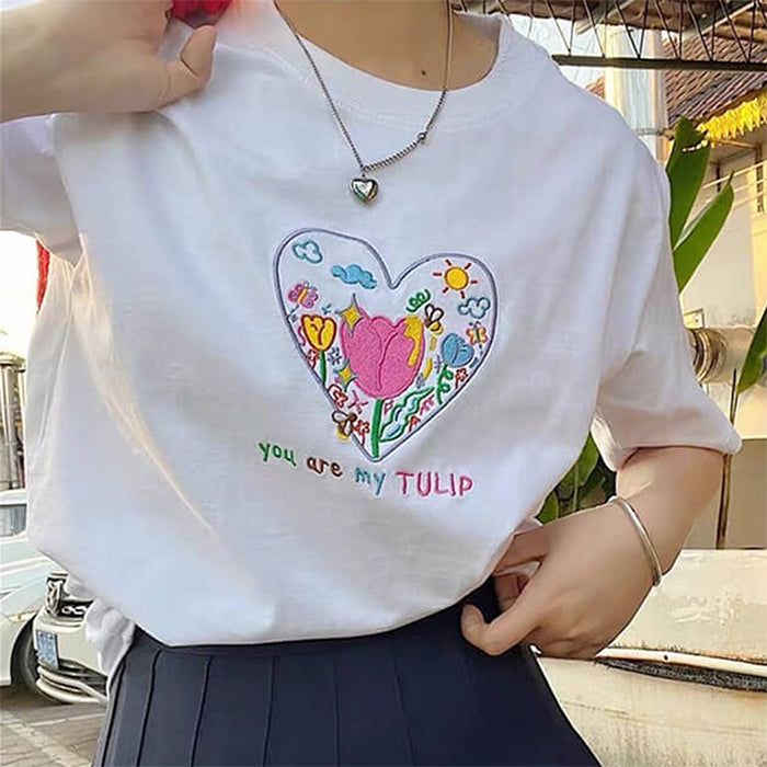 Cute Everyday Outfits, Outfit Inspo Casual Tulip Embroidery Aesthetic T-Shirt