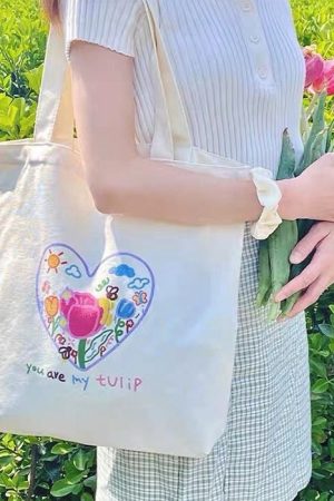 Cute Everyday Outfits, Outfit Inspo Casual Tulip Embroidery Aesthetic Tote Bag