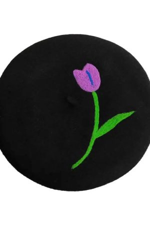 Cute Everyday Outfits, Outfit Inspo Casual Tulip Embroidery Wool Beret