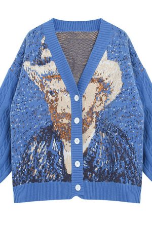 Cute Everyday Outfits, Outfit Inspo Casual Van Gogh Self-Portrait Knit Cardigan