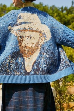 Cute Everyday Outfits, Outfit Inspo Casual Van Gogh Self-Portrait Knit Cardigan