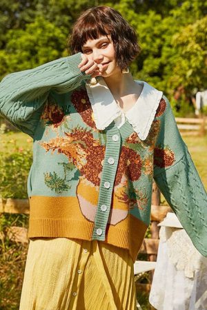 Cute Everyday Outfits, Outfit Inspo Casual Van Gogh Sunflowers Knit Cardigan