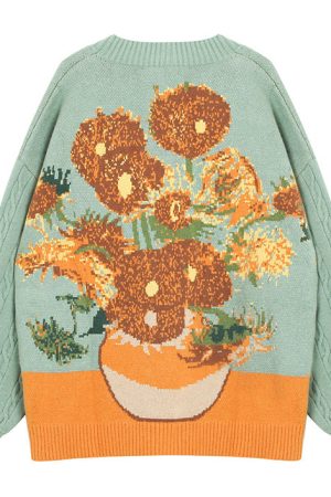 Cute Everyday Outfits, Outfit Inspo Casual Van Gogh Sunflowers Knit Cardigan
