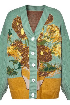 Cute Everyday Outfits, Outfit Inspo Casual Van Gogh Sunflowers Knit Cardigan