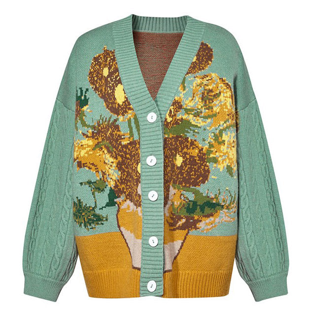 Cute Everyday Outfits, Outfit Inspo Casual Van Gogh Sunflowers Knit Cardigan