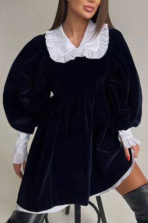 Cute Everyday Outfits, Outfit Inspo Casual Velvet Collar Mini Black Dress