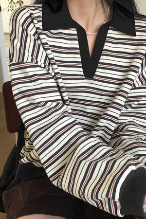 Cute Everyday Outfits, Outfit Inspo Casual Vintage Stripe Polo Sweatshirt