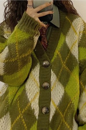 Cute Everyday Outfits, Outfit Inspo Casual Warm Vibes Green Argyle Cardigan Sweater