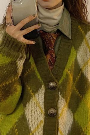 Cute Everyday Outfits, Outfit Inspo Casual Warm Vibes Green Argyle Cardigan Sweater