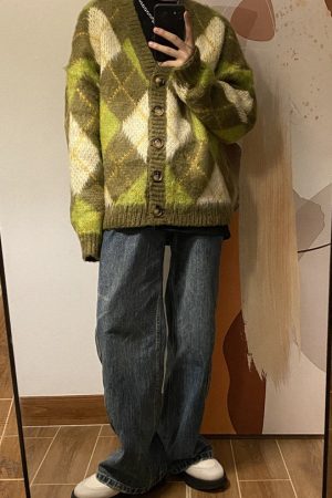 Cute Everyday Outfits, Outfit Inspo Casual Warm Vibes Green Argyle Cardigan Sweater