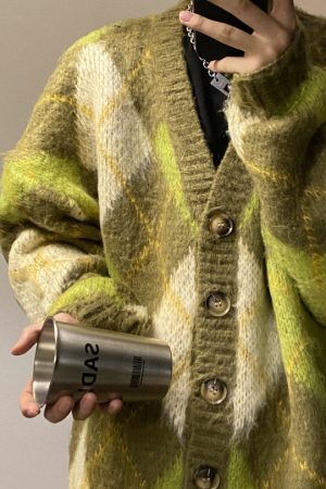 Cute Everyday Outfits, Outfit Inspo Casual Warm Vibes Green Argyle Cardigan Sweater