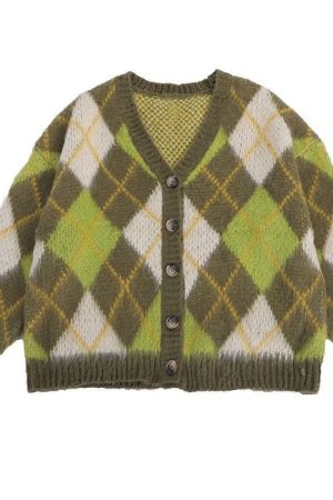 Cute Everyday Outfits, Outfit Inspo Casual Warm Vibes Green Argyle Cardigan Sweater