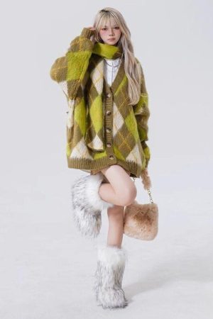 Cute Everyday Outfits, Outfit Inspo Casual Warm Vibes Green Argyle Cardigan Sweater