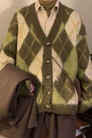 Cute Everyday Outfits, Outfit Inspo Casual Warm Vibes Green Argyle Cardigan Sweater
