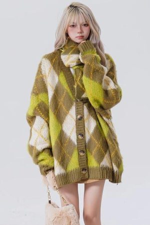 Cute Everyday Outfits, Outfit Inspo Casual Warm Vibes Green Argyle Cardigan Sweater