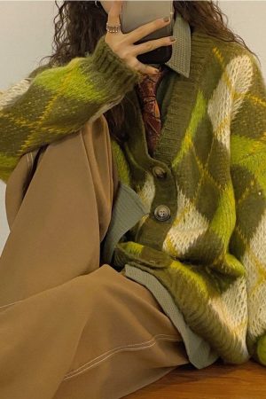 Cute Everyday Outfits, Outfit Inspo Casual Warm Vibes Green Argyle Cardigan Sweater