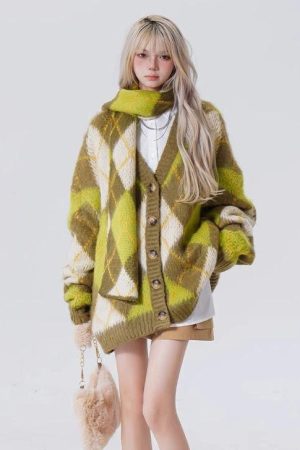 Cute Everyday Outfits, Outfit Inspo Casual Warm Vibes Green Argyle Cardigan Sweater