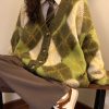 Cute Everyday Outfits, Outfit Inspo Casual Warm Vibes Green Argyle Cardigan Sweater