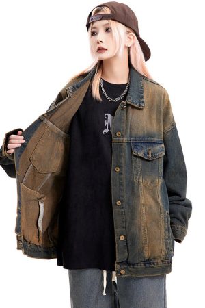 Cute Everyday Outfits, Outfit Inspo Casual Washed Brown Loose Denim Jacket