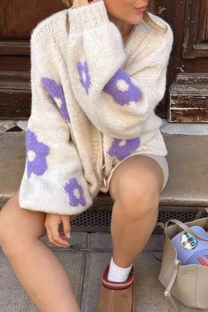 Cute Everyday Outfits, Outfit Inspo Casual White Knit Cardigan with Purple Flower