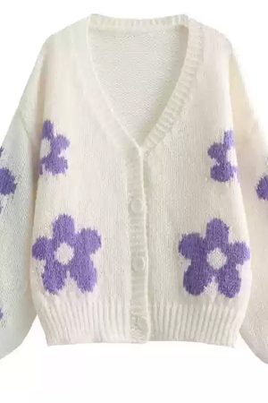 Cute Everyday Outfits, Outfit Inspo Casual White Knit Cardigan with Purple Flower