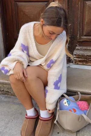 Cute Everyday Outfits, Outfit Inspo Casual White Knit Cardigan with Purple Flower
