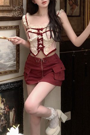 Cute Everyday Outfits, Outfit Inspo Casual White & Red Coquette Lace Corset Top