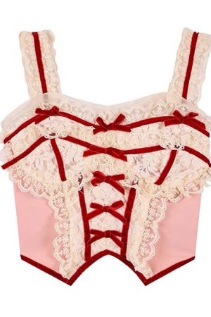 Cute Everyday Outfits, Outfit Inspo Casual White & Red Coquette Lace Corset Top