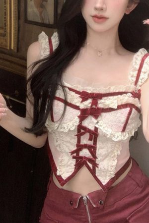 Cute Everyday Outfits, Outfit Inspo Casual White & Red Coquette Lace Corset Top