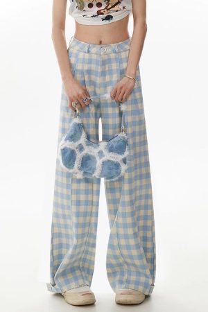 Cute Everyday Outfits, Outfit Inspo Casual Wide-Leg Blue Gingham Trousers
