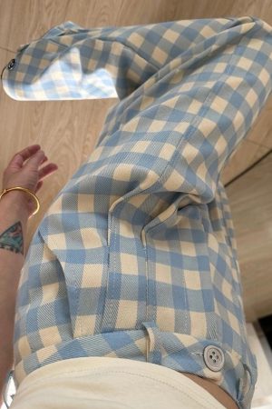 Cute Everyday Outfits, Outfit Inspo Casual Wide-Leg Blue Gingham Trousers