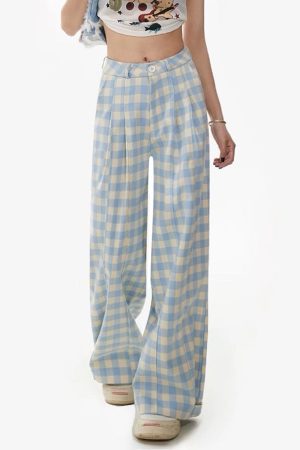 Cute Everyday Outfits, Outfit Inspo Casual Wide-Leg Blue Gingham Trousers