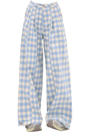 Cute Everyday Outfits, Outfit Inspo Casual Wide-Leg Blue Gingham Trousers