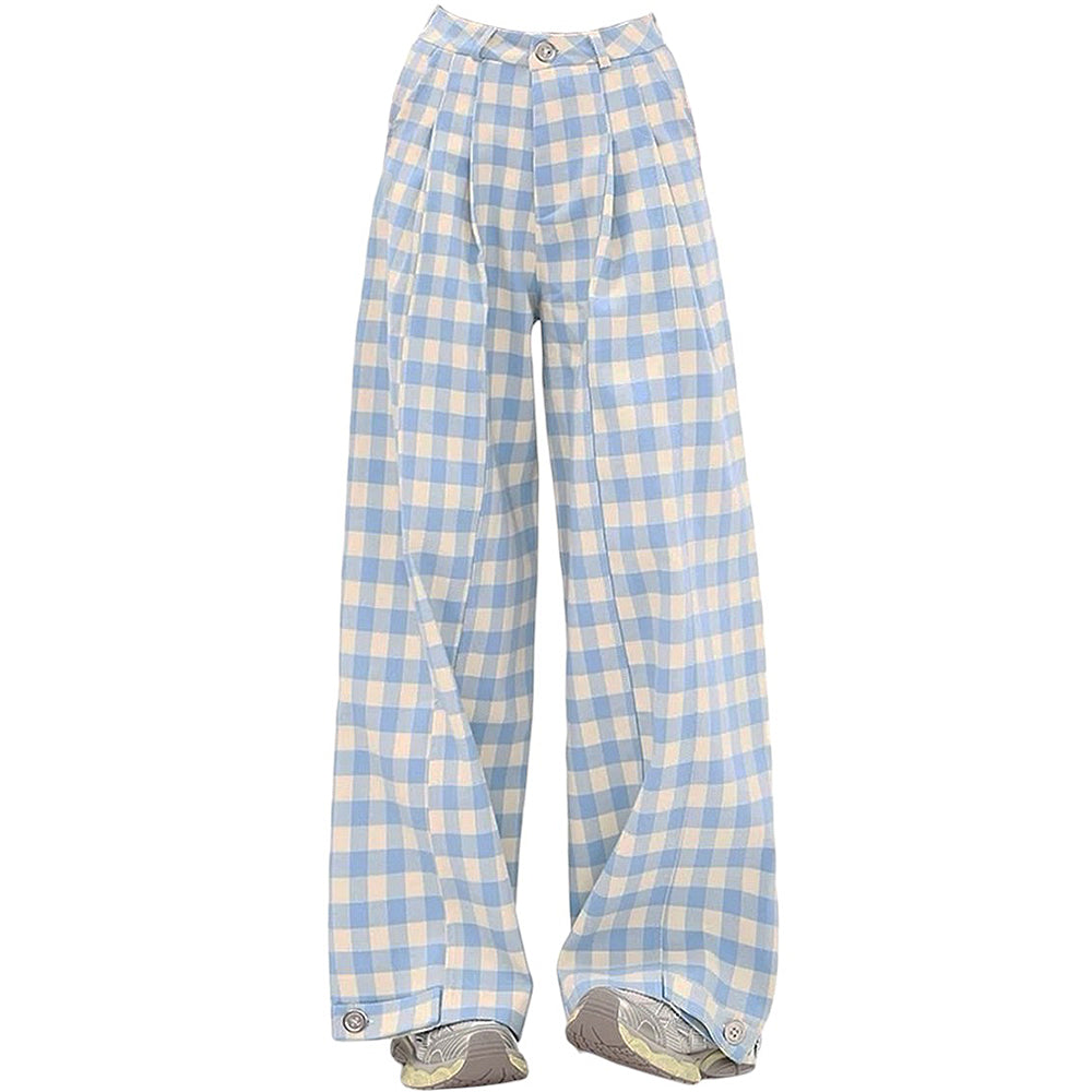 Cute Everyday Outfits, Outfit Inspo Casual Wide-Leg Blue Gingham Trousers