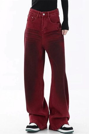 Cute Everyday Outfits, Outfit Inspo Casual Wine Red Faded Wide Leg Jeans