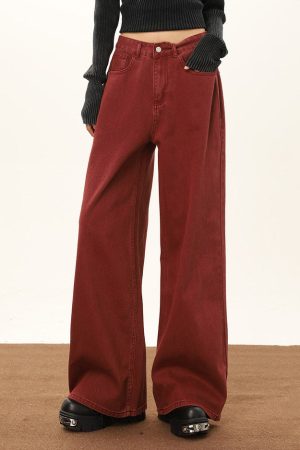 Cute Everyday Outfits, Outfit Inspo Casual Wine Red Wide-Leg Jeans