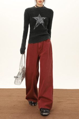 Cute Everyday Outfits, Outfit Inspo Casual Wine Red Wide-Leg Jeans