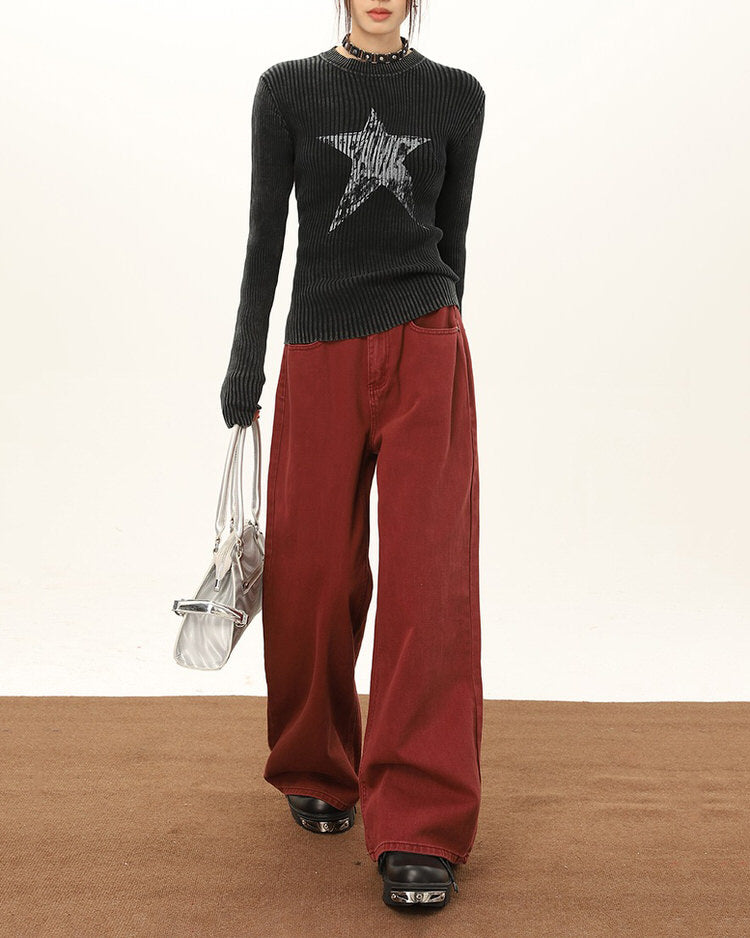 Cute Everyday Outfits, Outfit Inspo Casual Wine Red Wide-Leg Jeans Cute Everyday Outfits, Outfit Inspo Casual Wine Red Wide-Leg Jeans