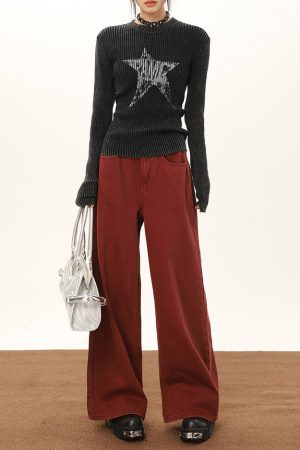 Cute Everyday Outfits, Outfit Inspo Casual Wine Red Wide-Leg Jeans